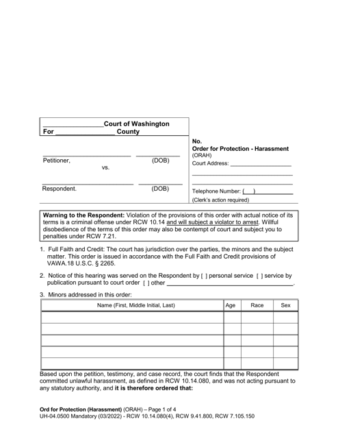 Form UH-04.0500 Order for Protection - Harassment - Washington