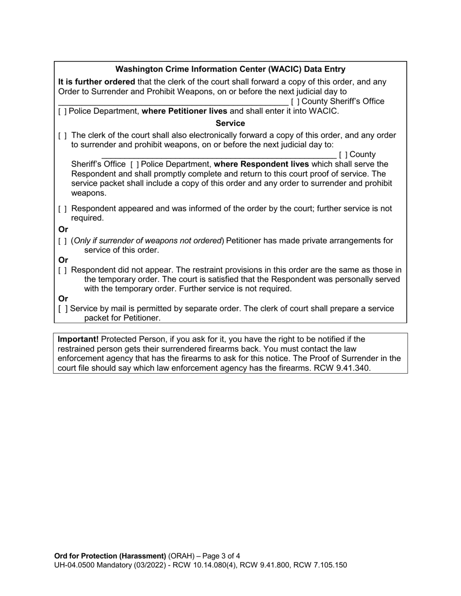 Form UH-04.0500 Order for Protection - Harassment - Washington, Page 3