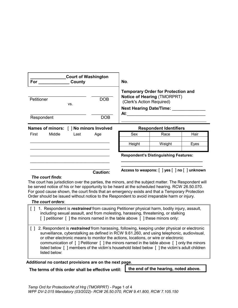 Form WPF DV-2.015 Temporary Order for Protection and Notice of Hearing - Washington, Page 1