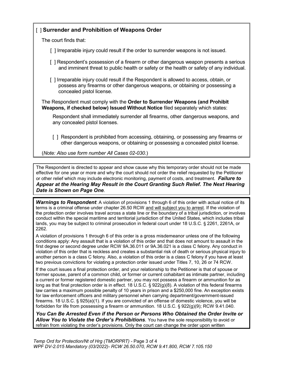Form WPF DV-2.015 Temporary Order for Protection and Notice of Hearing - Washington, Page 3