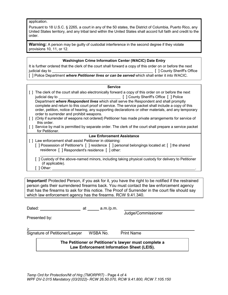 Form WPF DV-2.015 Temporary Order for Protection and Notice of Hearing - Washington, Page 4