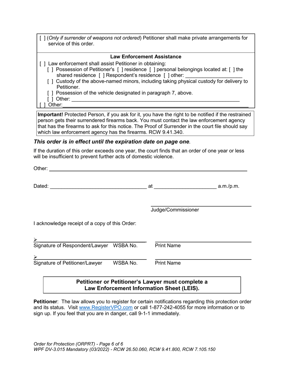 Form WPF DV-3.015 Order for Protection - Washington, Page 6
