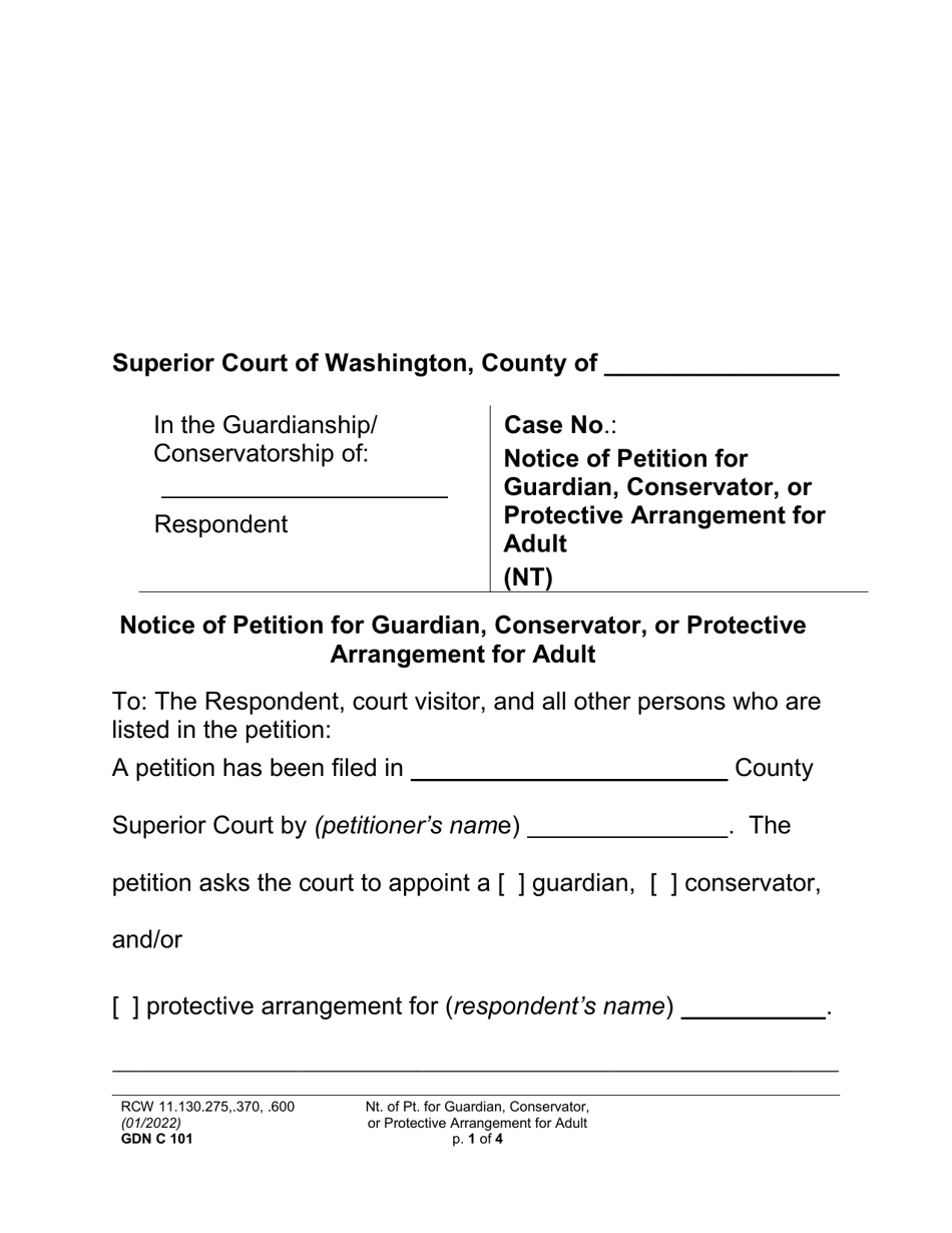 Form GDN C101 Notice of Petition for Guardian, Conservator, or Protective Arrangement for Adult - Washington, Page 1
