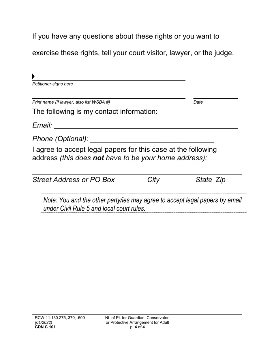 Form GDN C101 Notice of Petition for Guardian, Conservator, or Protective Arrangement for Adult - Washington, Page 4