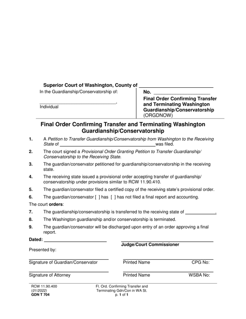 Form GDN T704 Final Order Confirming Transfer and Terminating Washington Guardianship/Conservatorship - Washington