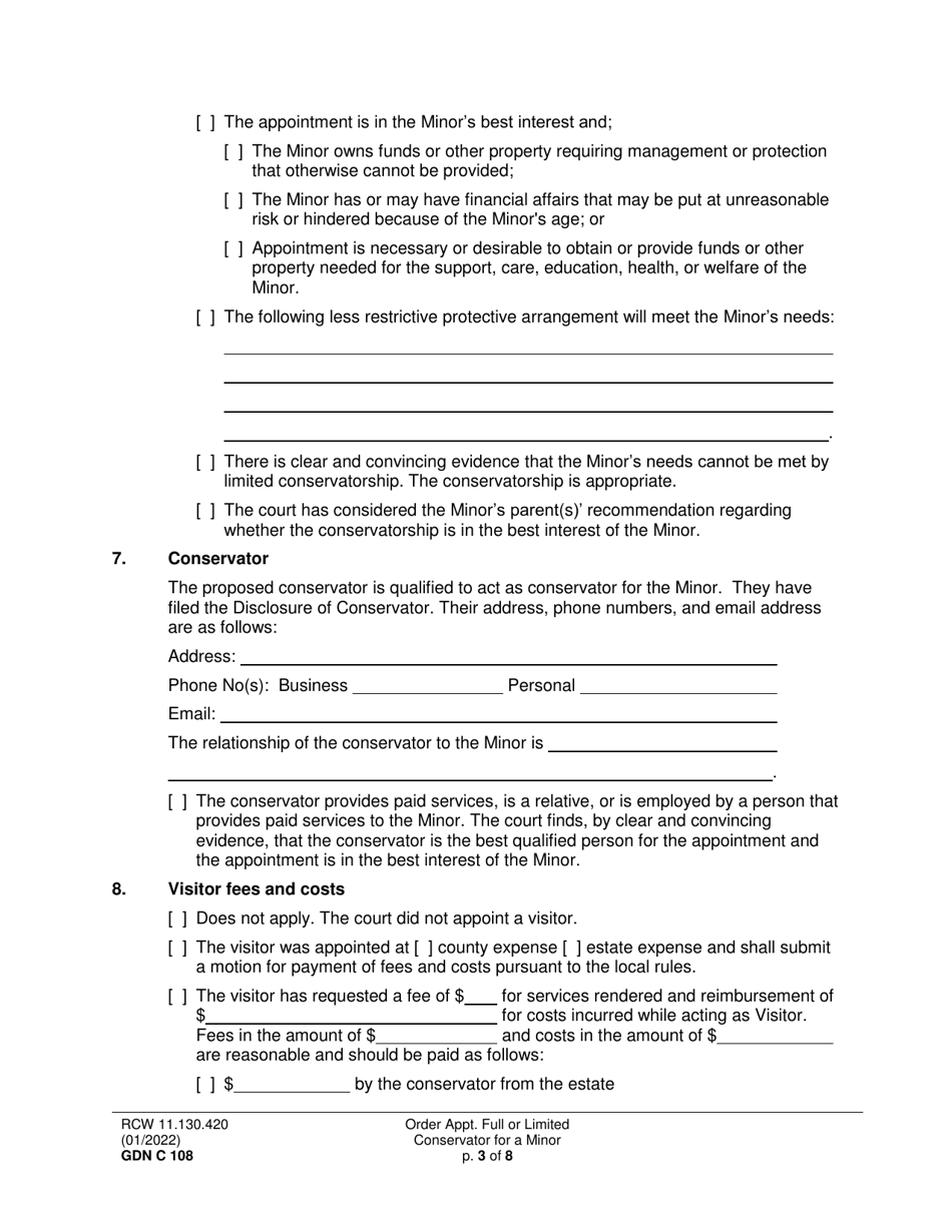 Form GDN C108 Order Appointing Full or Limited Conservator for a Minor - Washington, Page 3