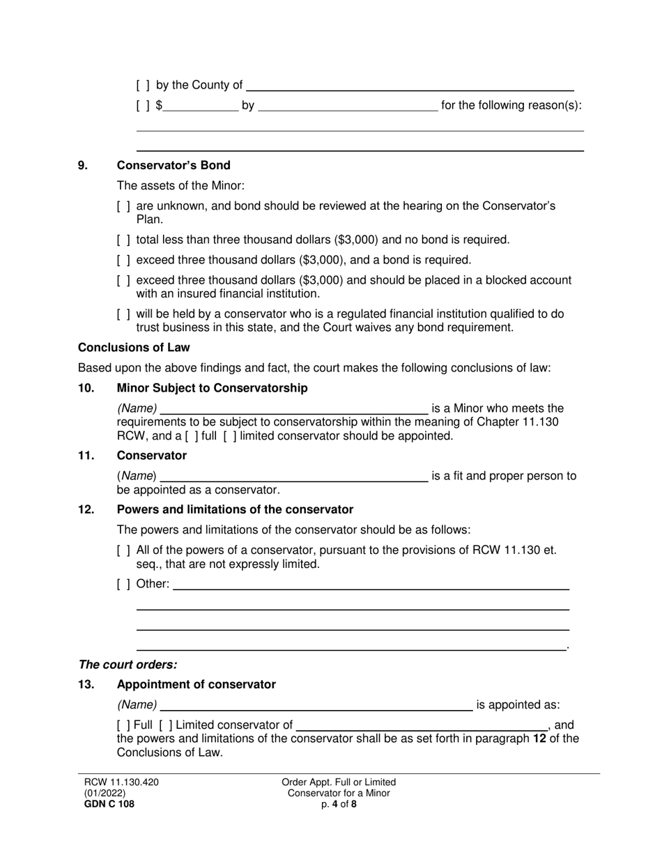 Form GDN C108 Order Appointing Full or Limited Conservator for a Minor - Washington, Page 4