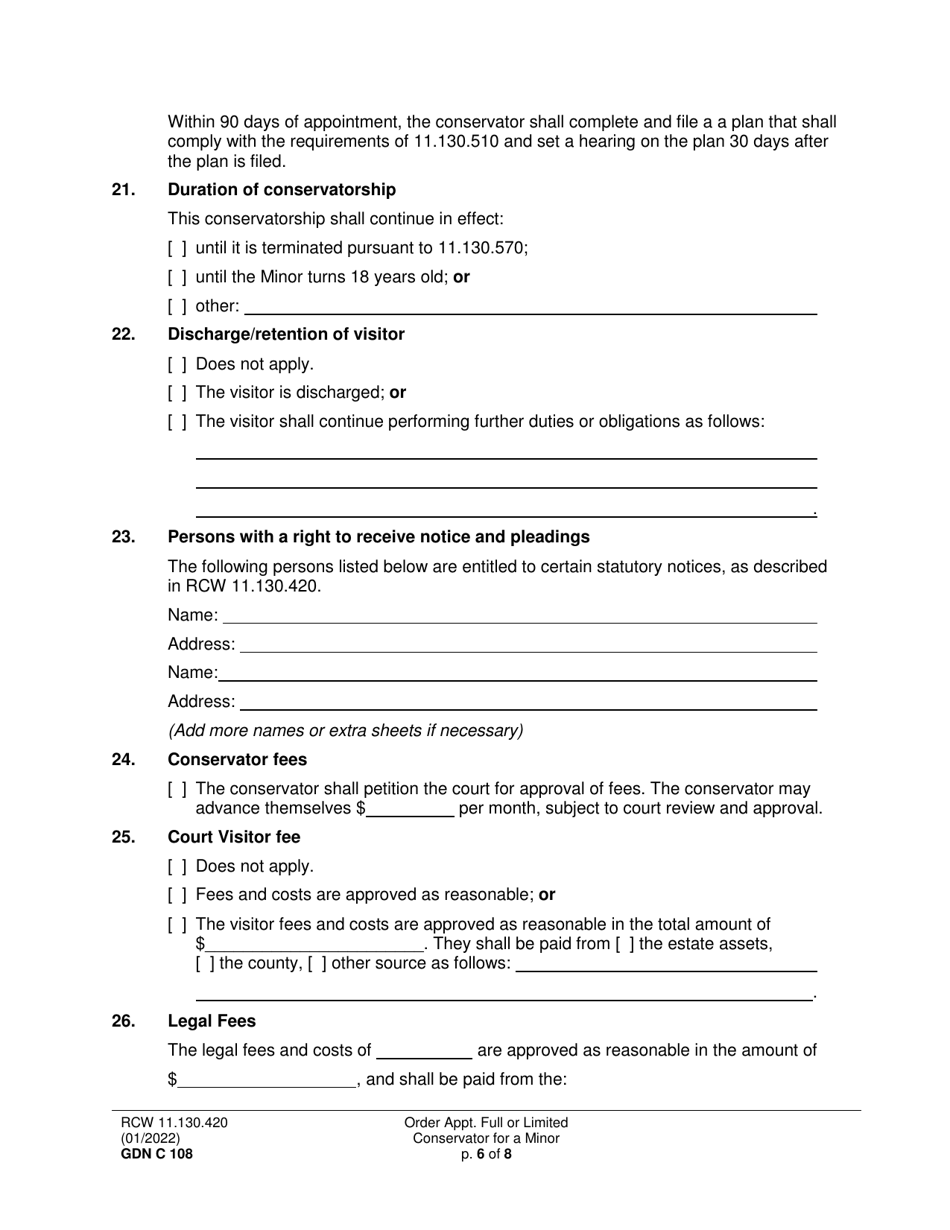 Form GDN C108 Order Appointing Full or Limited Conservator for a Minor - Washington, Page 6