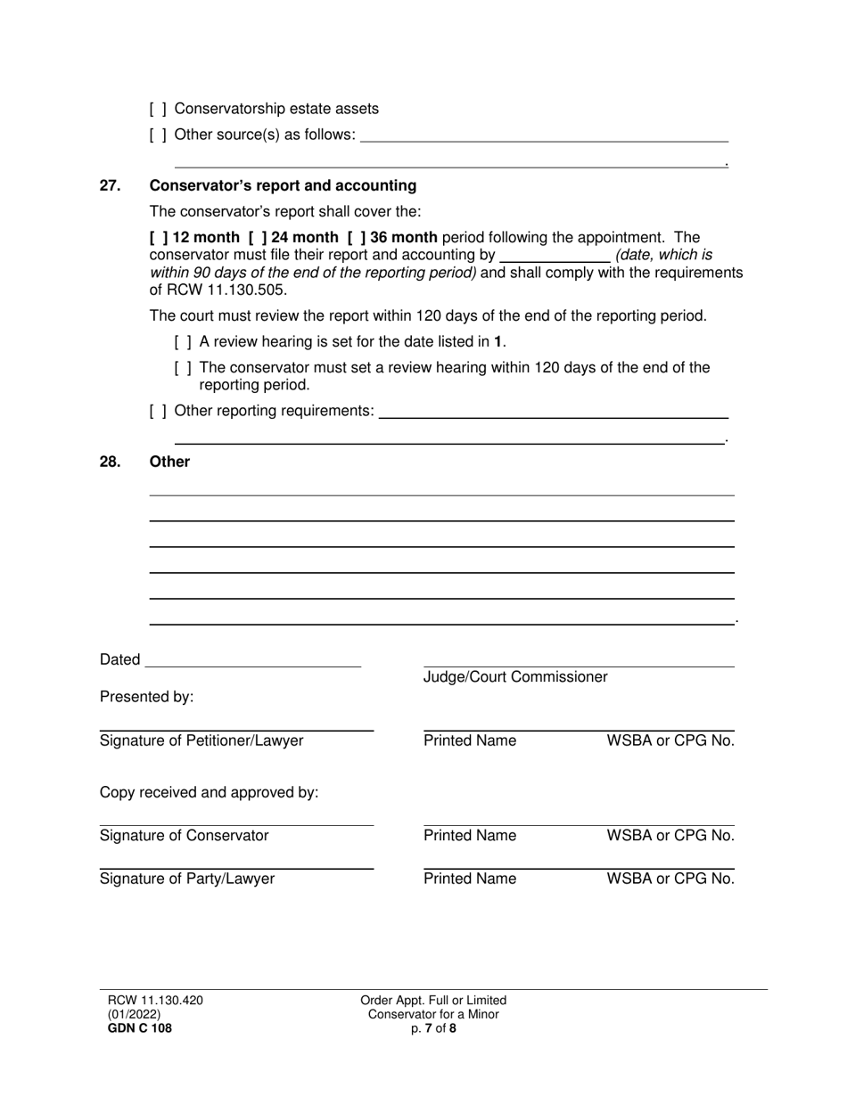 Form GDN C108 Order Appointing Full or Limited Conservator for a Minor - Washington, Page 7