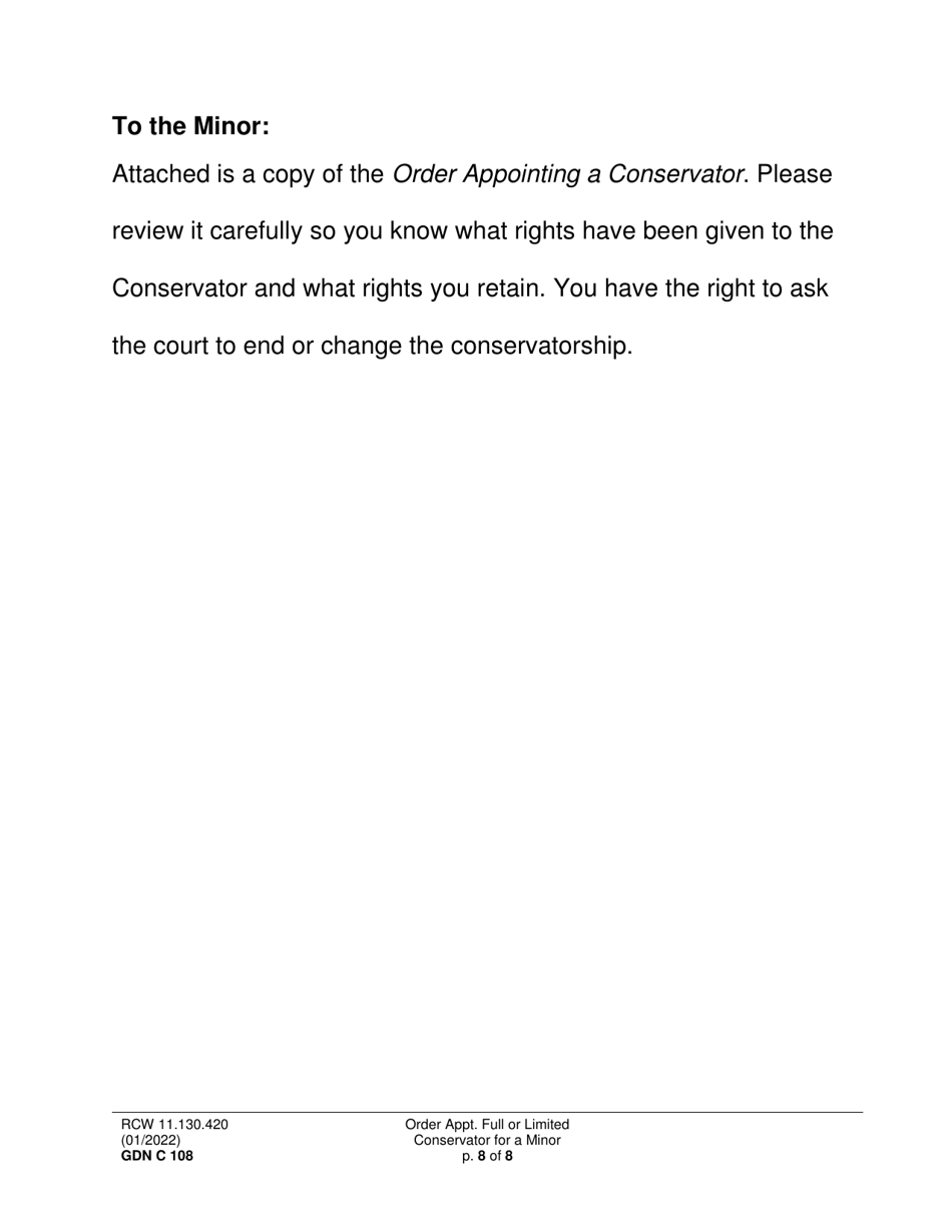 Form GDN C108 Order Appointing Full or Limited Conservator for a Minor - Washington, Page 8