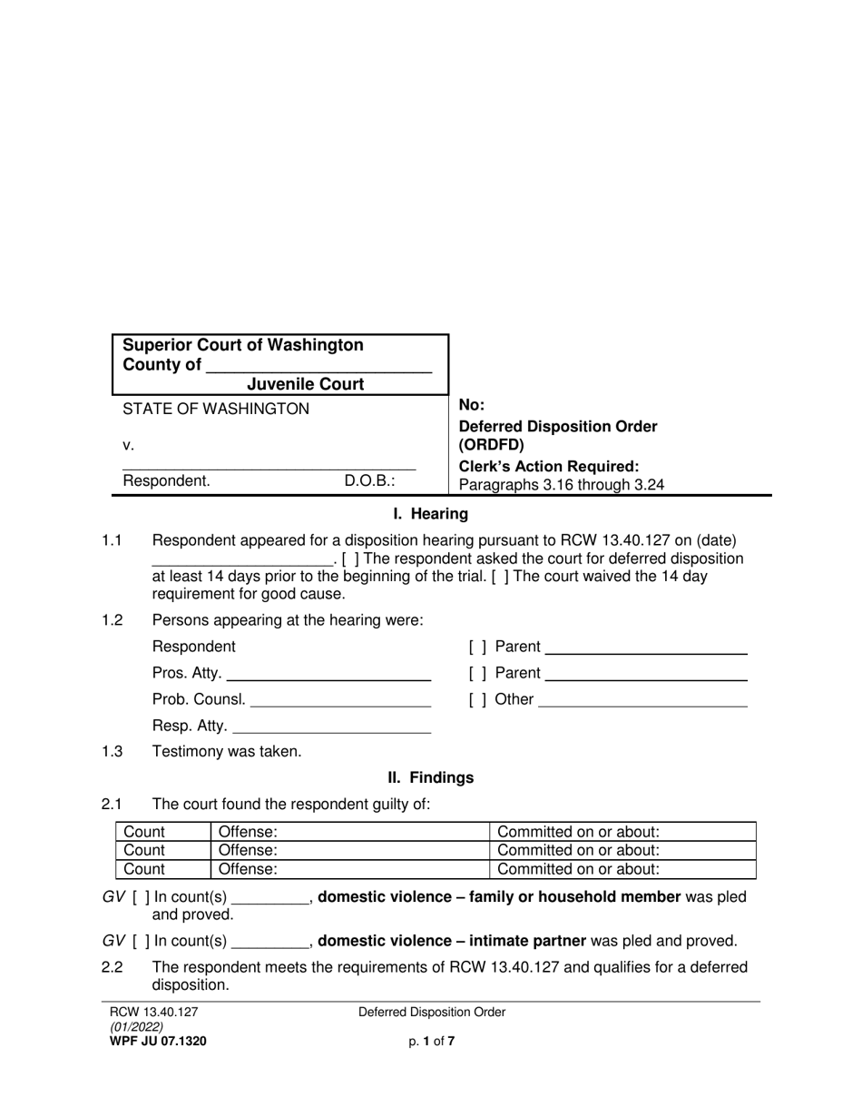 Form WPF JU07.1320 Deferred Disposition Order (Ordfd) - Washington, Page 1