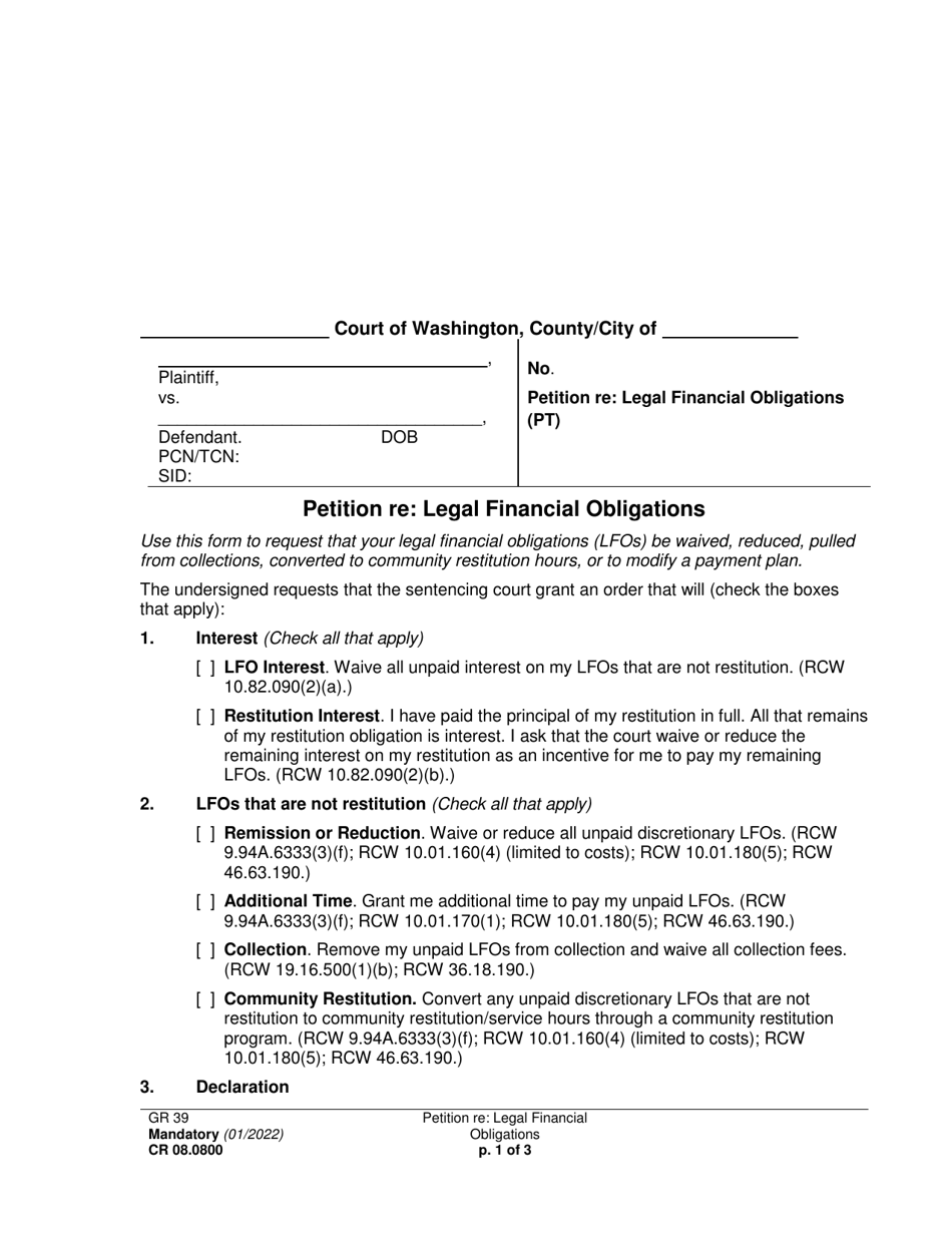 Form CR08.0800 Petition Re: Legal Financial Obligations - Washington, Page 1