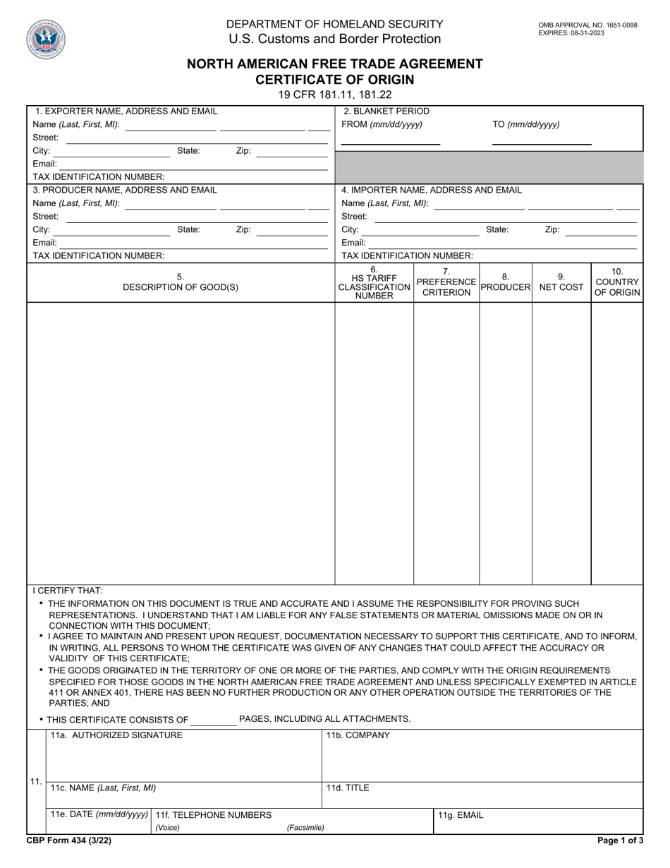 CBP Form 434 North American Free Trade Agreement Certificate of Origin, Page 1