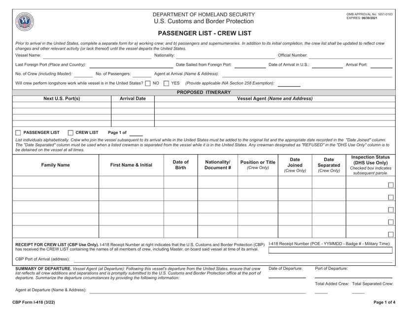 CBP Form I-418  Printable Pdf