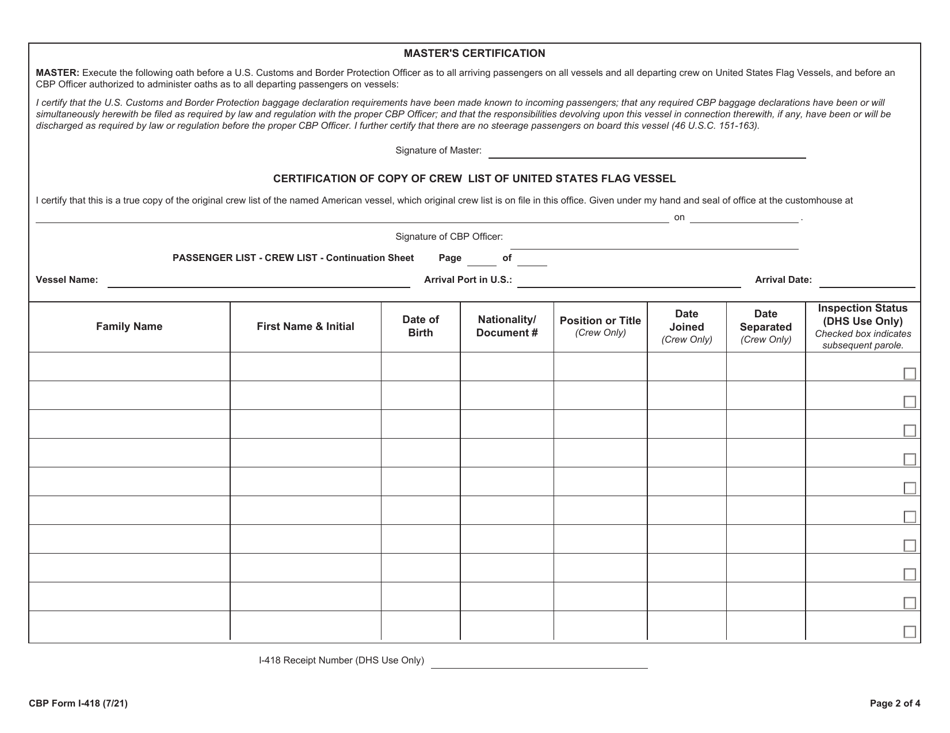 Cbp Form I-418 Download Fillable Pdf Or Fill Online Passenger List 