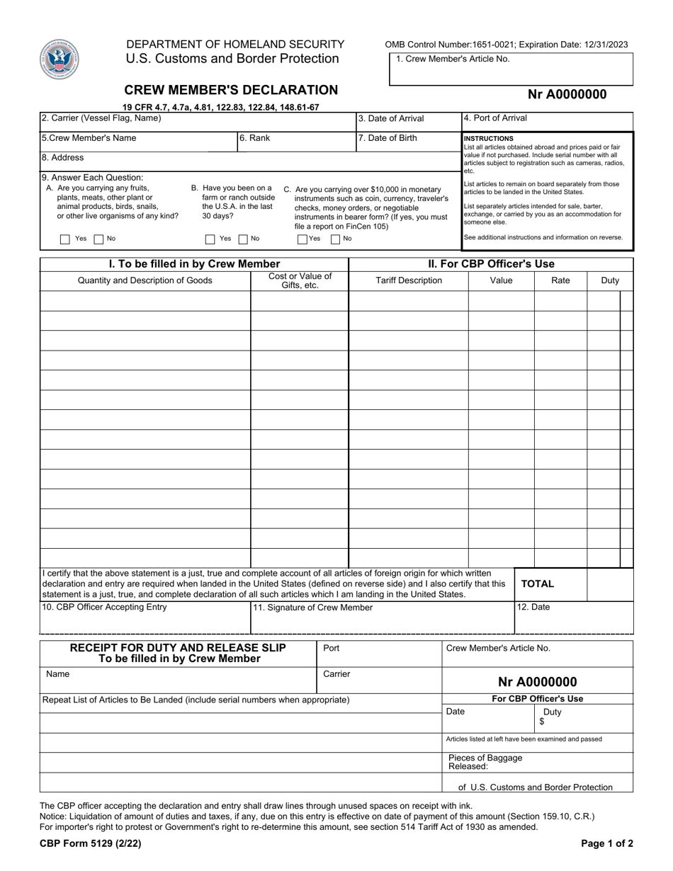 CBP Form 5129 Crew Members Declaration, Page 1