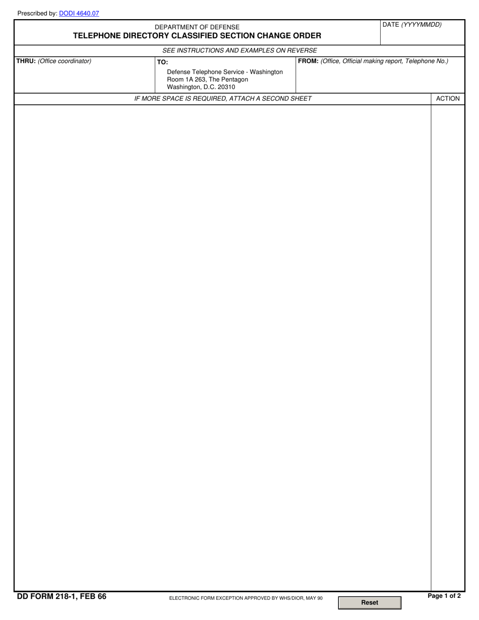DD Form 218-1 Telephone Directory Classified Section Change Order, Page 1