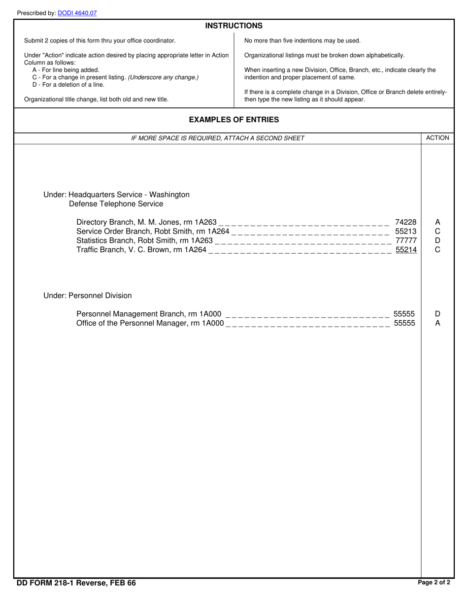 DD Form 218-1 Telephone Directory Classified Section Change Order, Page 2