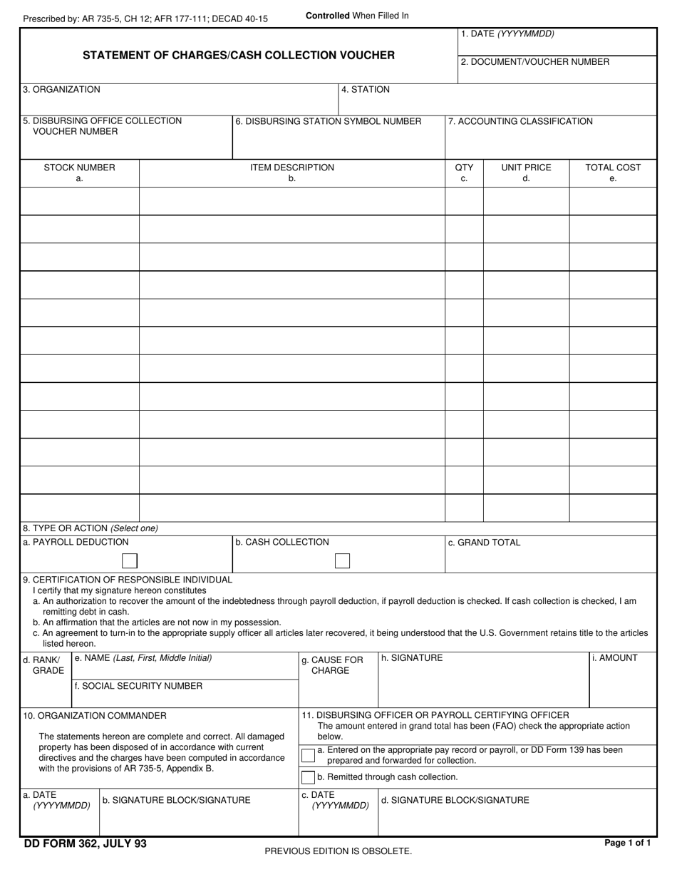 DD Form 362 Statement of Charges / Cash Collection Voucher, Page 1