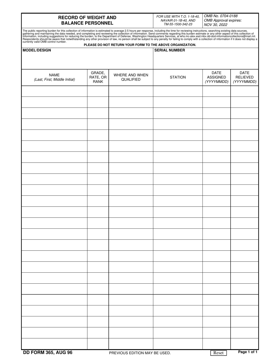 DD Form 365 Record of Weight and Balance Personnel, Page 1
