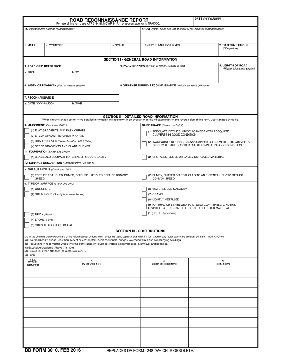 DD Form 3010 Road Reconnaissance Report, Page 1