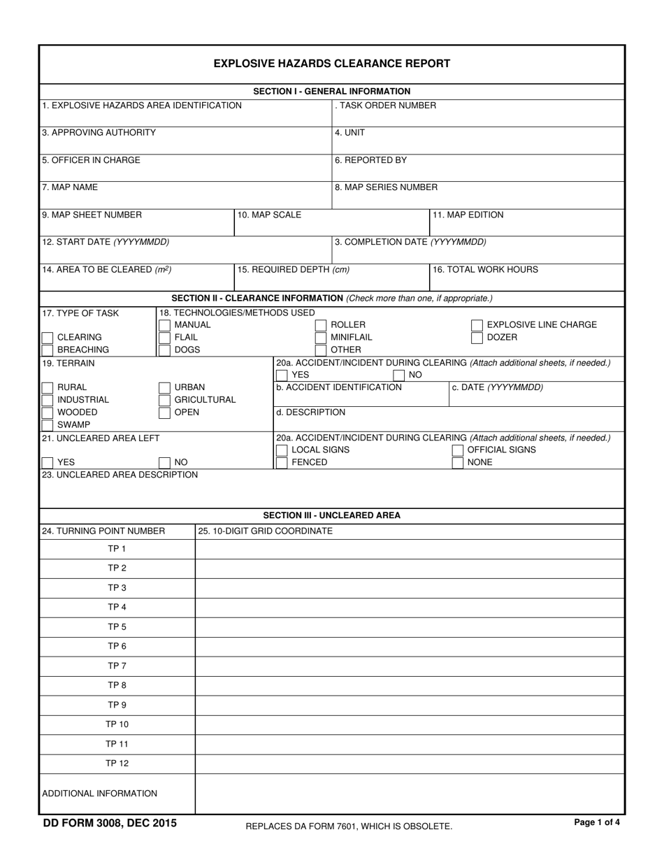 DD Form 3008 Explosive Hazards Clearance Report, Page 1