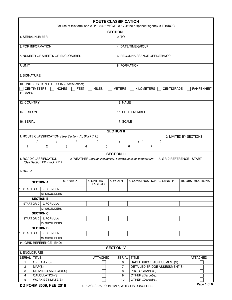 DD Form 3009 Route Classification, Page 1