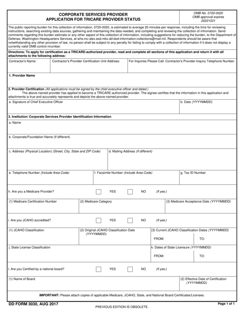 DD Form 3030 Corporate Services Provider Application for TRICARE Provider Status