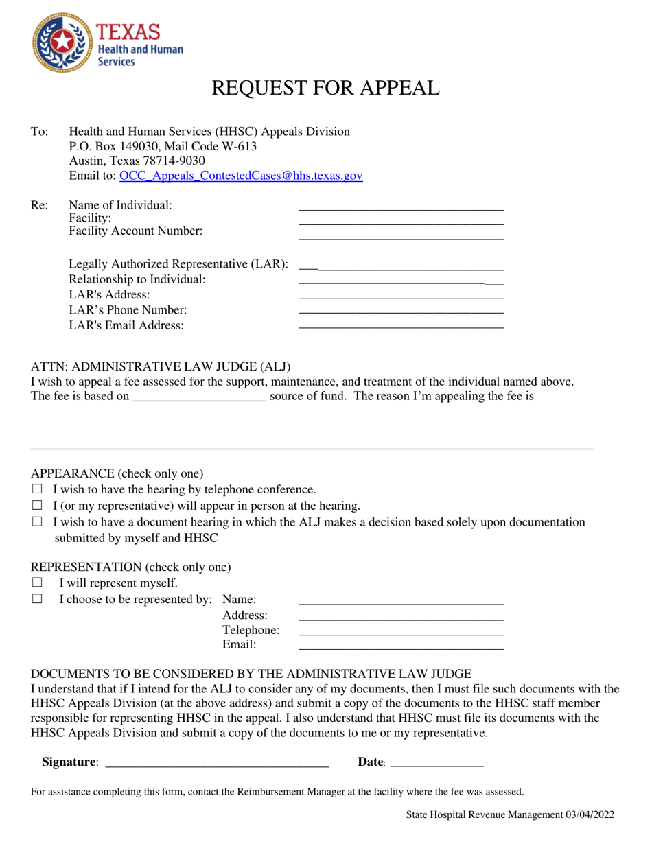 Request for Appeal - Texas, Page 1