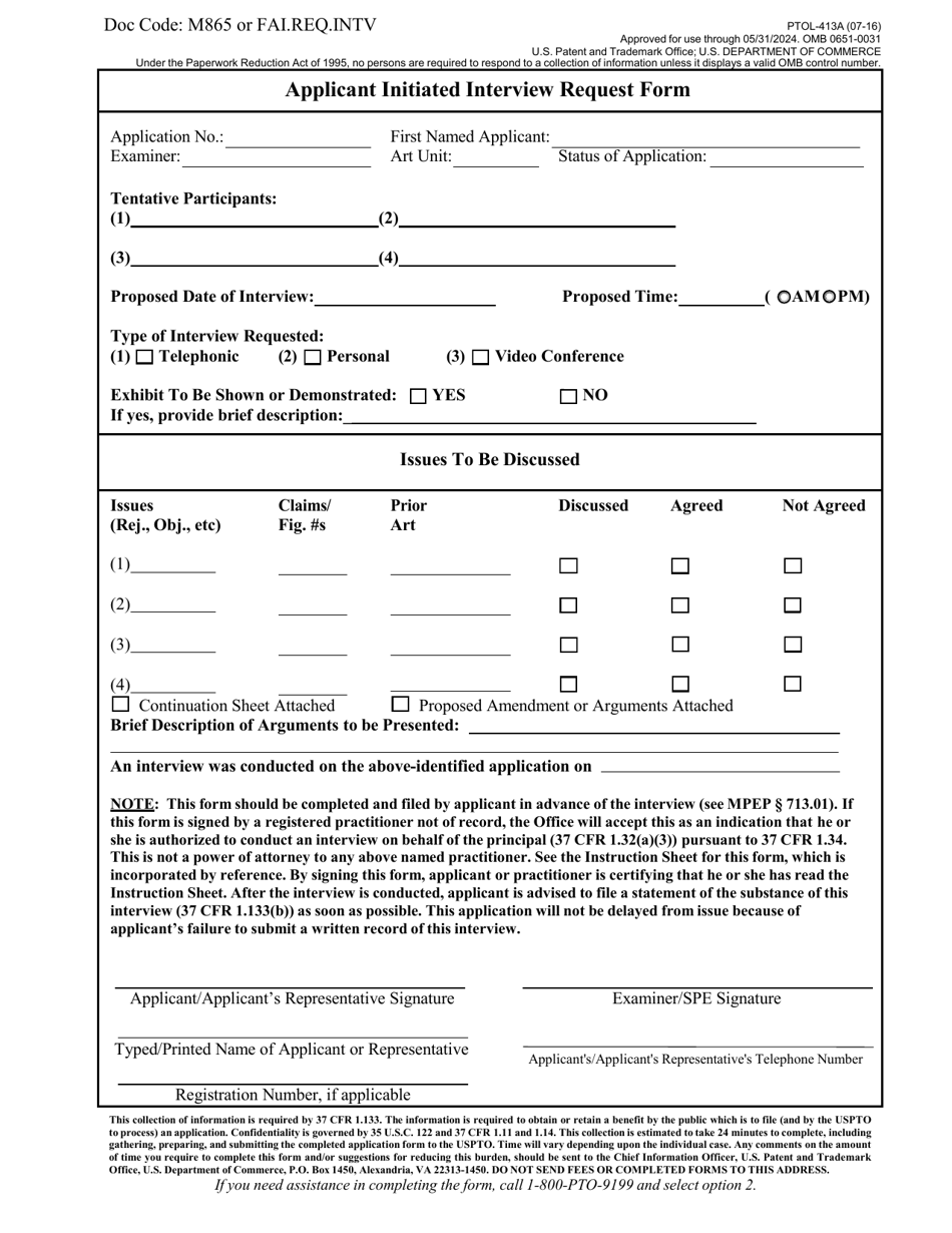 Form PTOL-413A Applicant Initiated Interview Request Form, Page 1