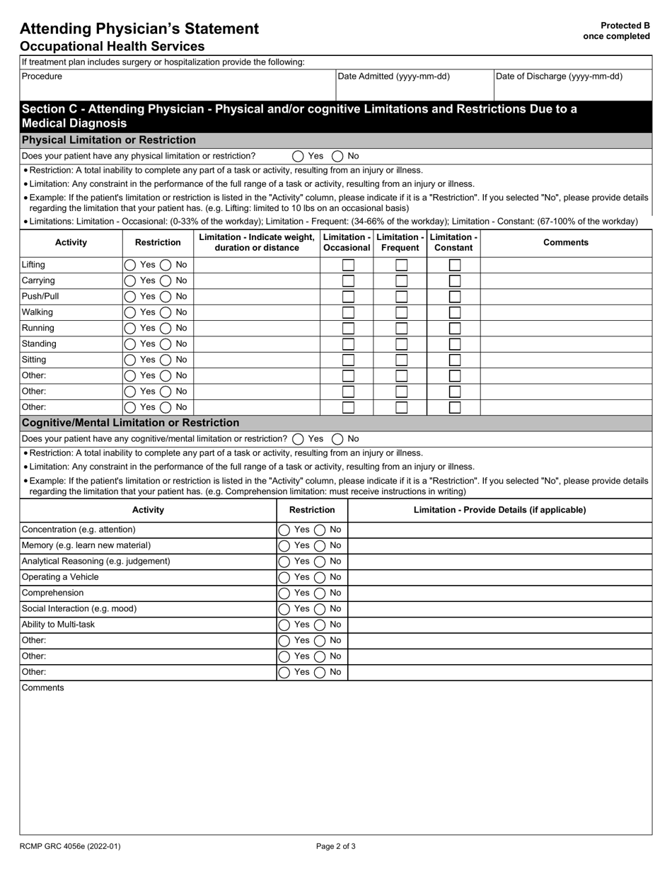 Form RCMP GRC4056 Attending Physicians Statement - Canada, Page 2