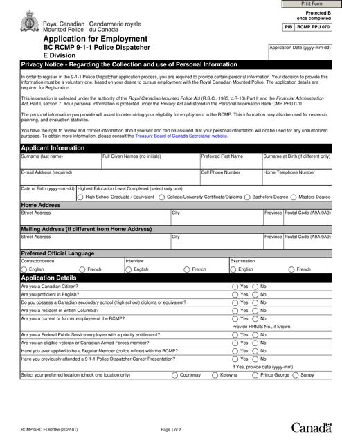 Form RCMP GRC ED6218E Application for Employment - Bc Rcmp 9-1-1 Police Dispatcher - Canada