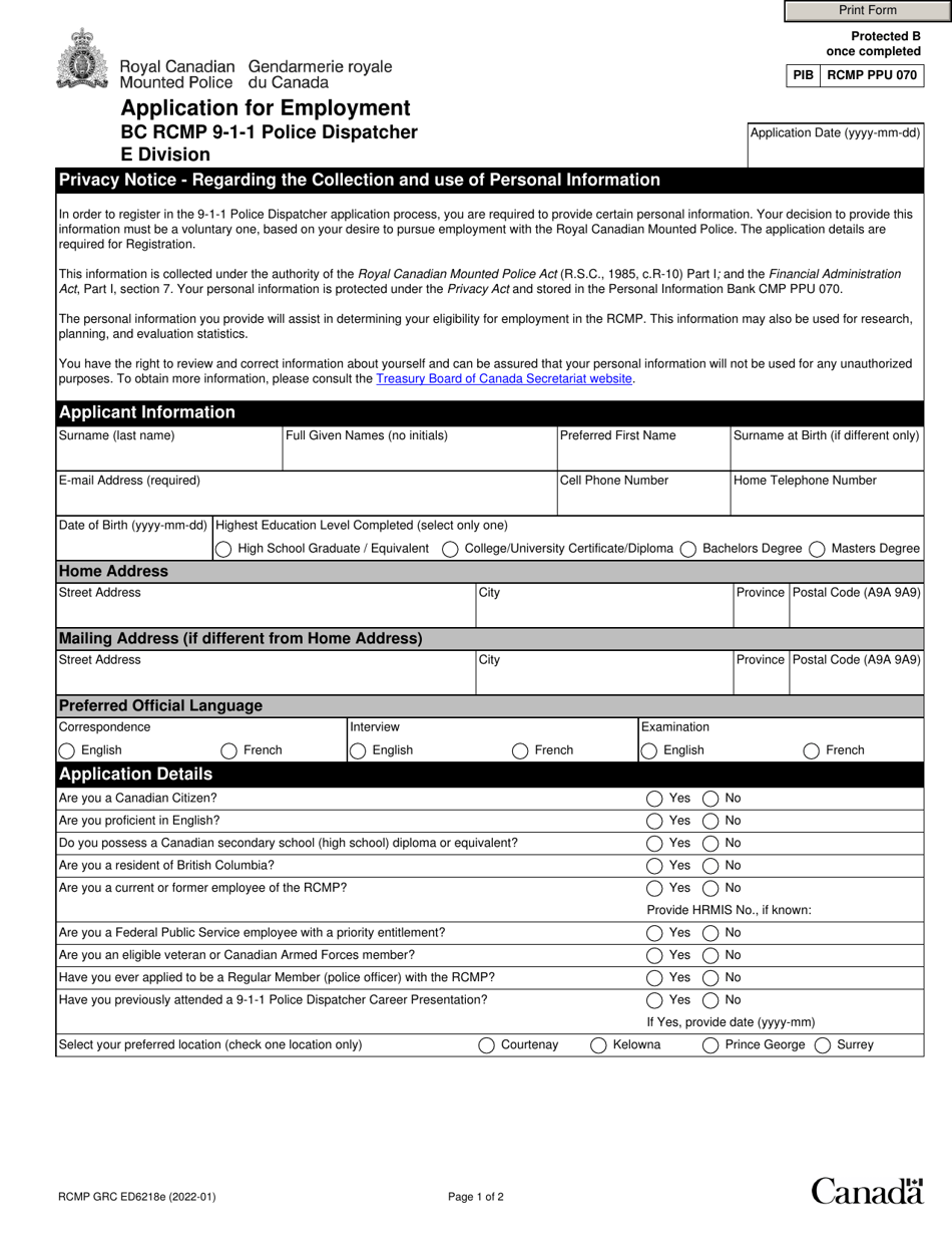 Form RCMP GRC ED6218E Application for Employment - Bc Rcmp 9-1-1 Police Dispatcher - Canada, Page 1