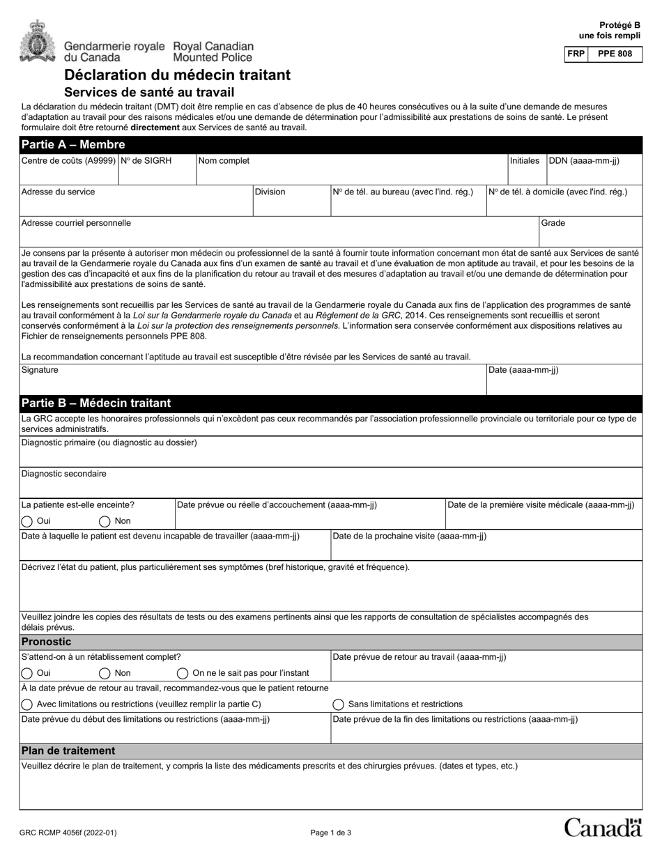 Forme GRC RCMP4056 Declaration Du Medecin Traitant - Canada (French), Page 1
