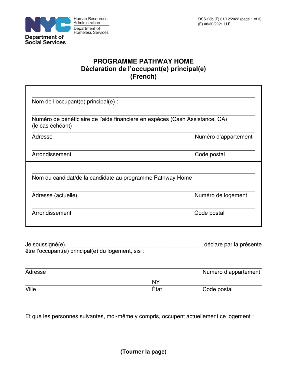 Form DSS-23B Primary Occupant Statement - Pathway Home Program - New York City (French), Page 1