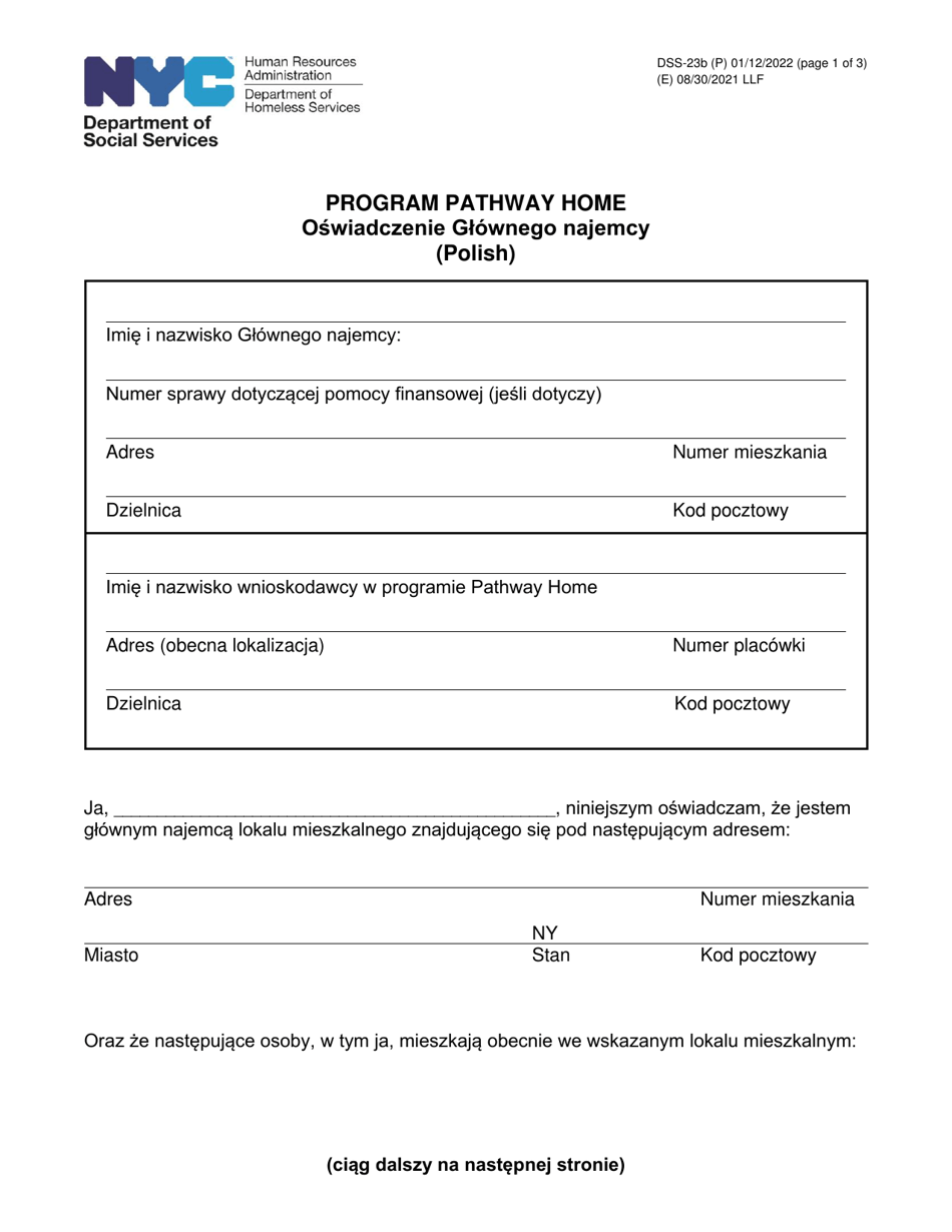 Form DSS-23B Pathway Home Primary Occupant Statement - New York City (Polish), Page 1