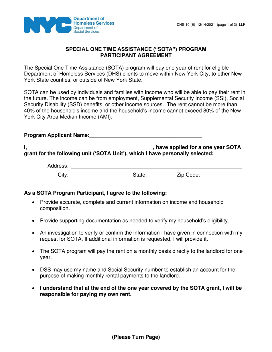 Form DHS-10 Special One Time Assistance (sota) Program Participant Agreement - New York City, Page 1