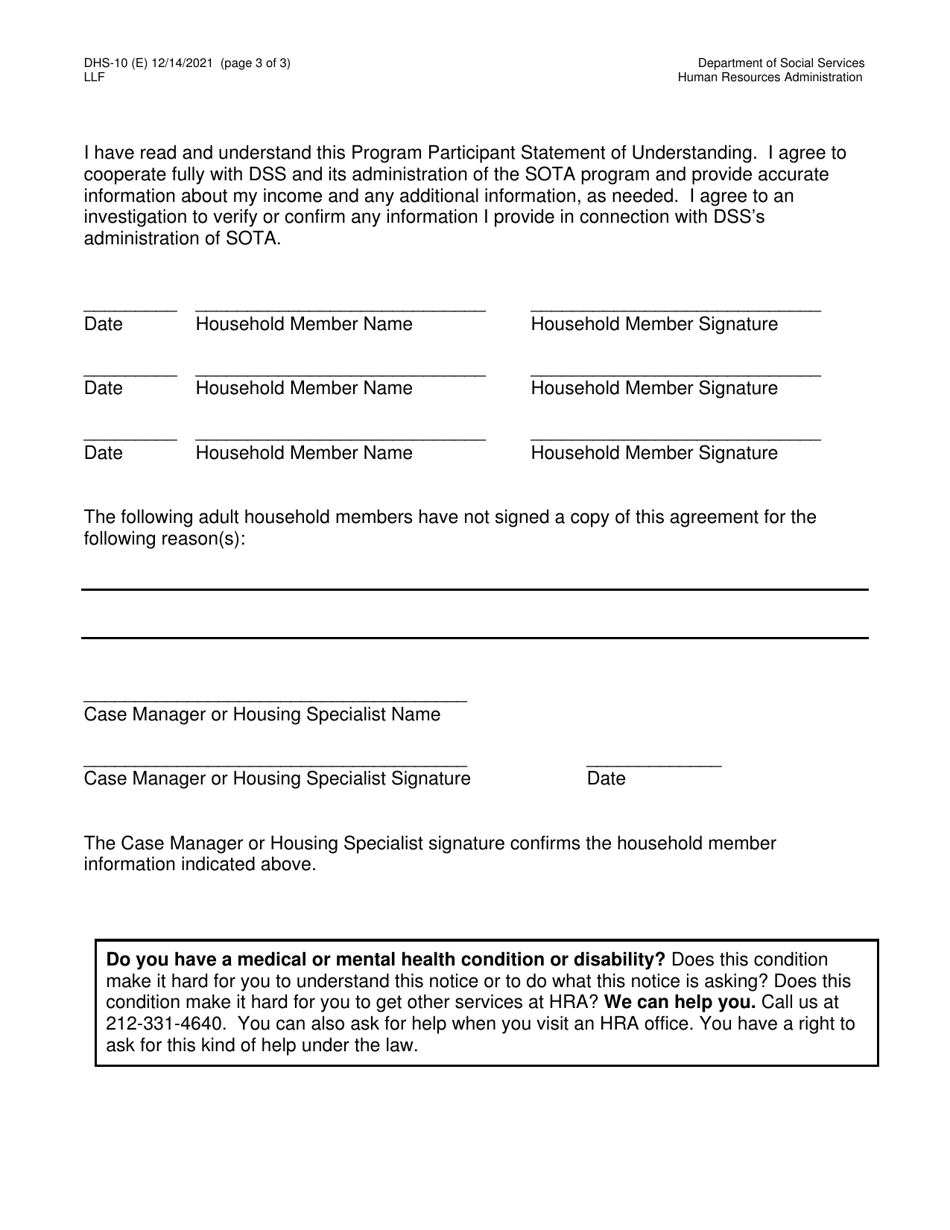 Form DHS-10 Special One Time Assistance (sota) Program Participant Agreement - New York City, Page 3