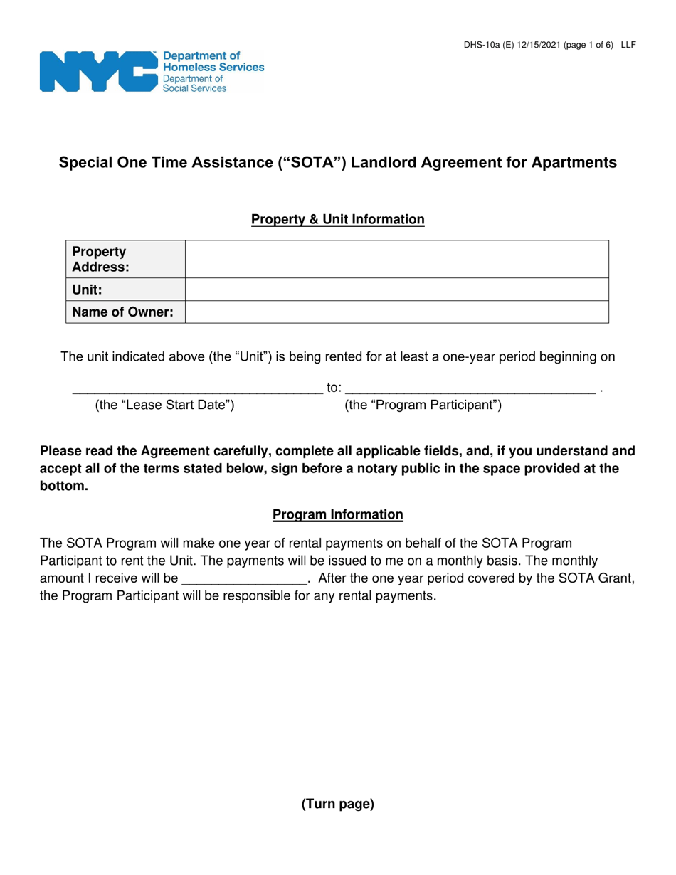 Form DHS-10A Special One Time Assistance (sota) Landlord Agreement for Apartments - New York City, Page 1