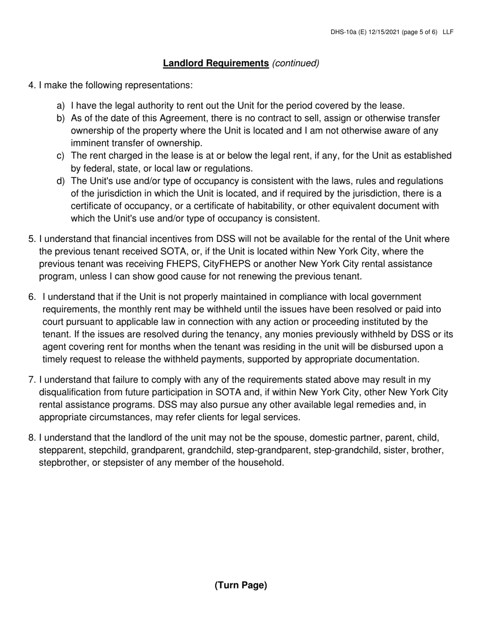 Form DHS-10A Special One Time Assistance (sota) Landlord Agreement for Apartments - New York City, Page 5