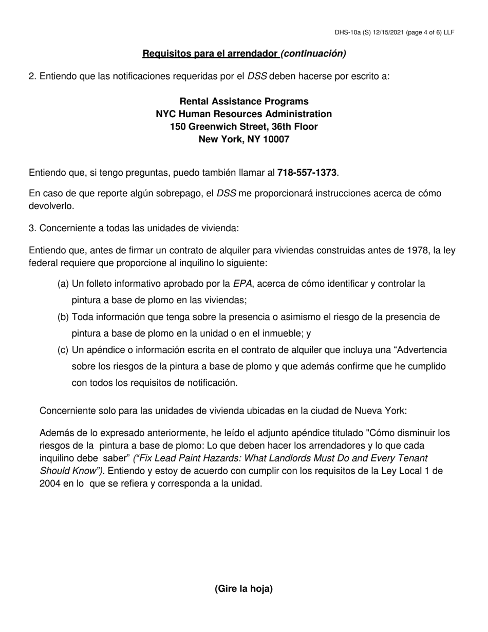 Formulario DHS-10A Asistencia Especial Por Vez Unica (sota) Contrato Para El Arrendador De Apartamentos - New York City (Spanish), Page 4
