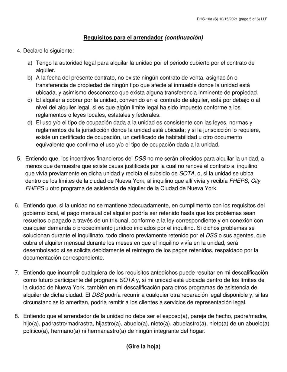 Formulario DHS-10A Asistencia Especial Por Vez Unica (sota) Contrato Para El Arrendador De Apartamentos - New York City (Spanish), Page 5