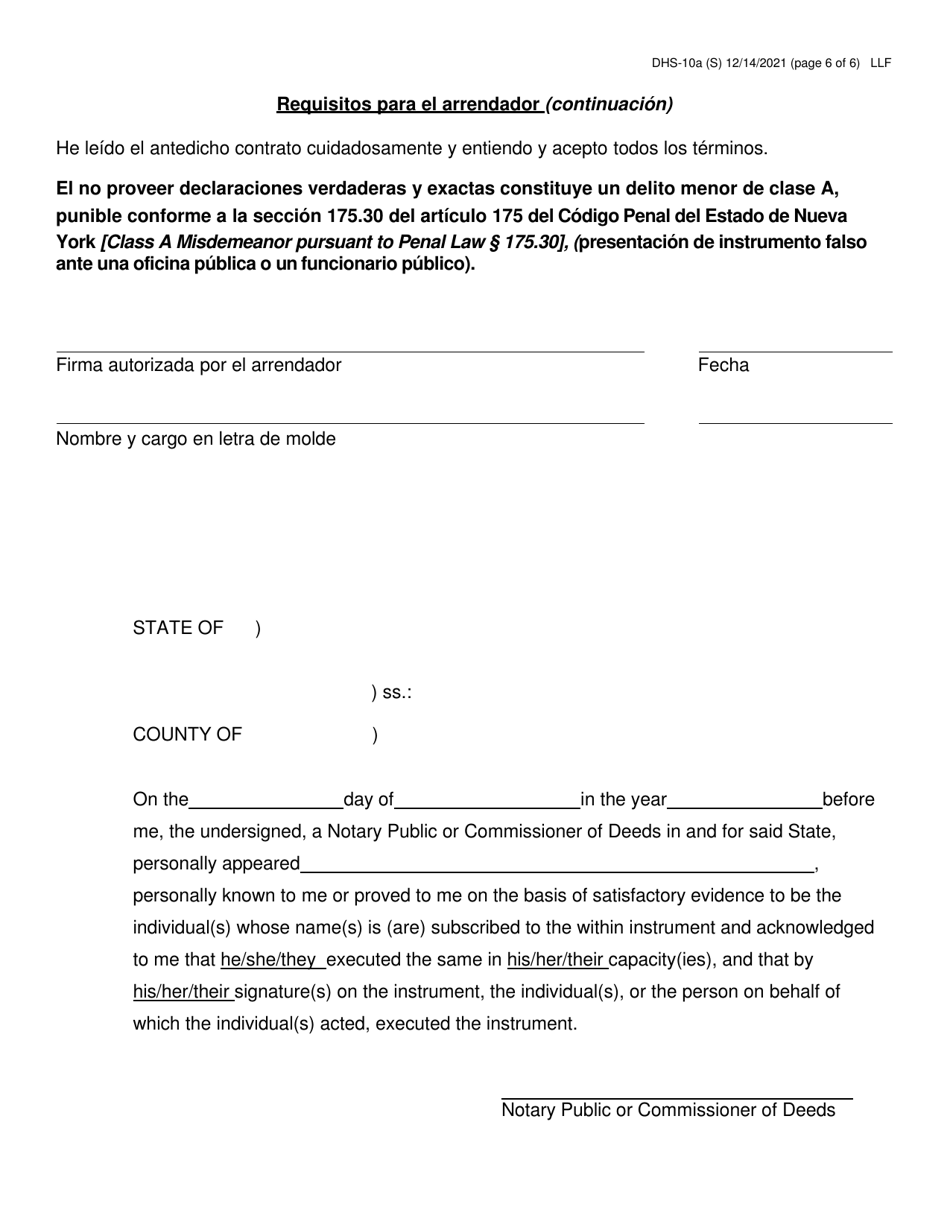 Formulario DHS-10A Asistencia Especial Por Vez Unica (sota) Contrato Para El Arrendador De Apartamentos - New York City (Spanish), Page 6