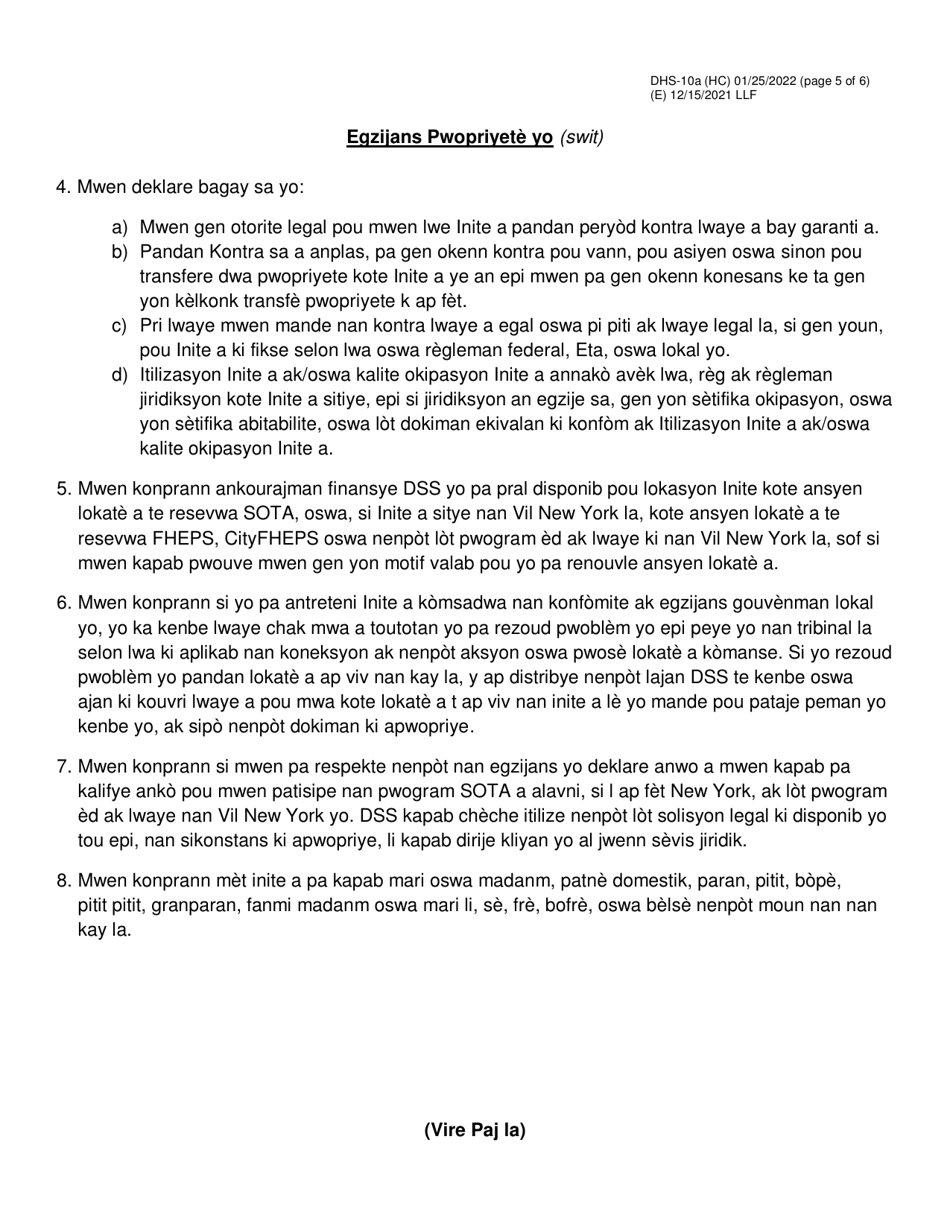 Form DHS-10A Special One Time Assistance (sota) Landlord Agreement for Apartments - New York City (Haitian Creole), Page 5