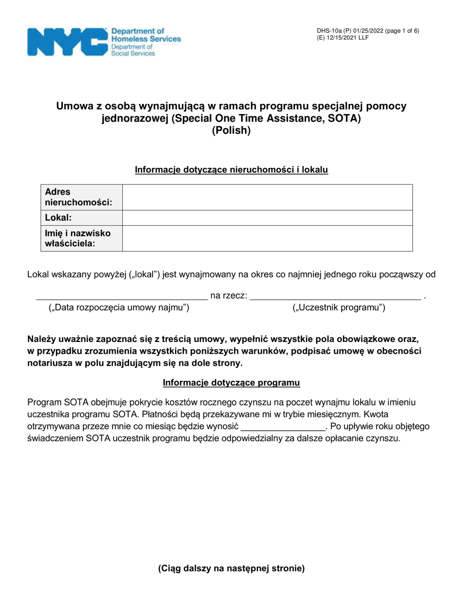 Form DHS-10A Special One Time Assistance (sota) Landlord Agreement for Apartments - New York City (Polish), Page 1