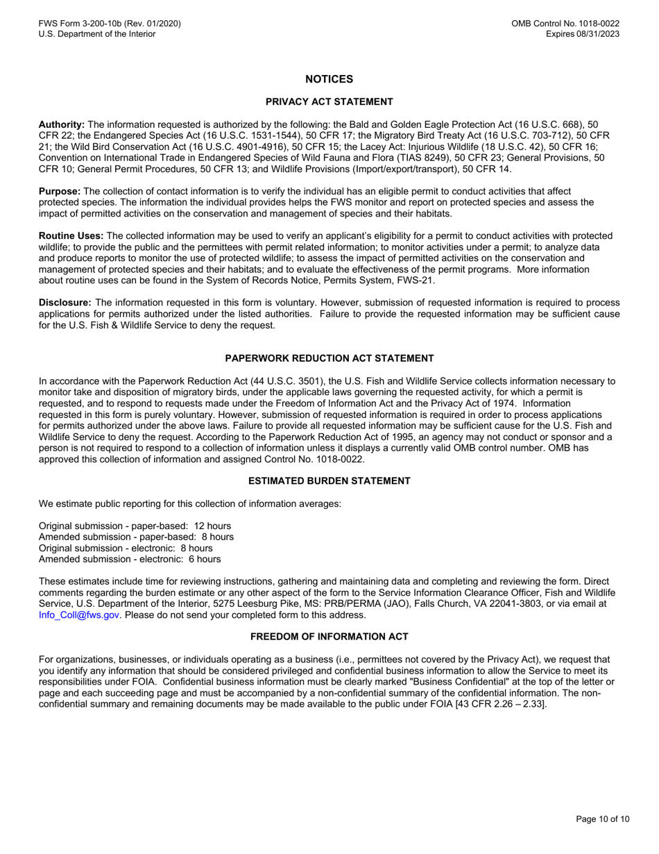 FWS Form 3-200-10B Federal Fish and Wildlife Permit Application Form, Page 10