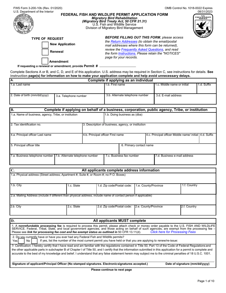 FWS Form 3-200-10B Federal Fish and Wildlife Permit Application Form, Page 1