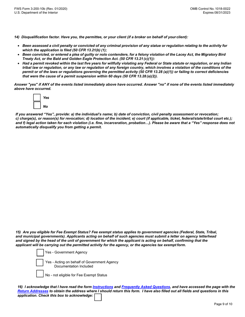 FWS Form 3-200-10B Federal Fish and Wildlife Permit Application Form, Page 9