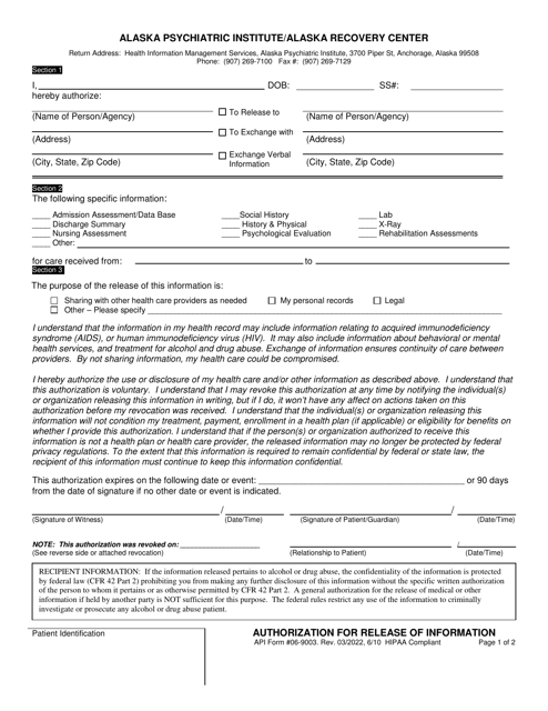 API Form 06-9003 Authorization for Release of Information - Alaska
