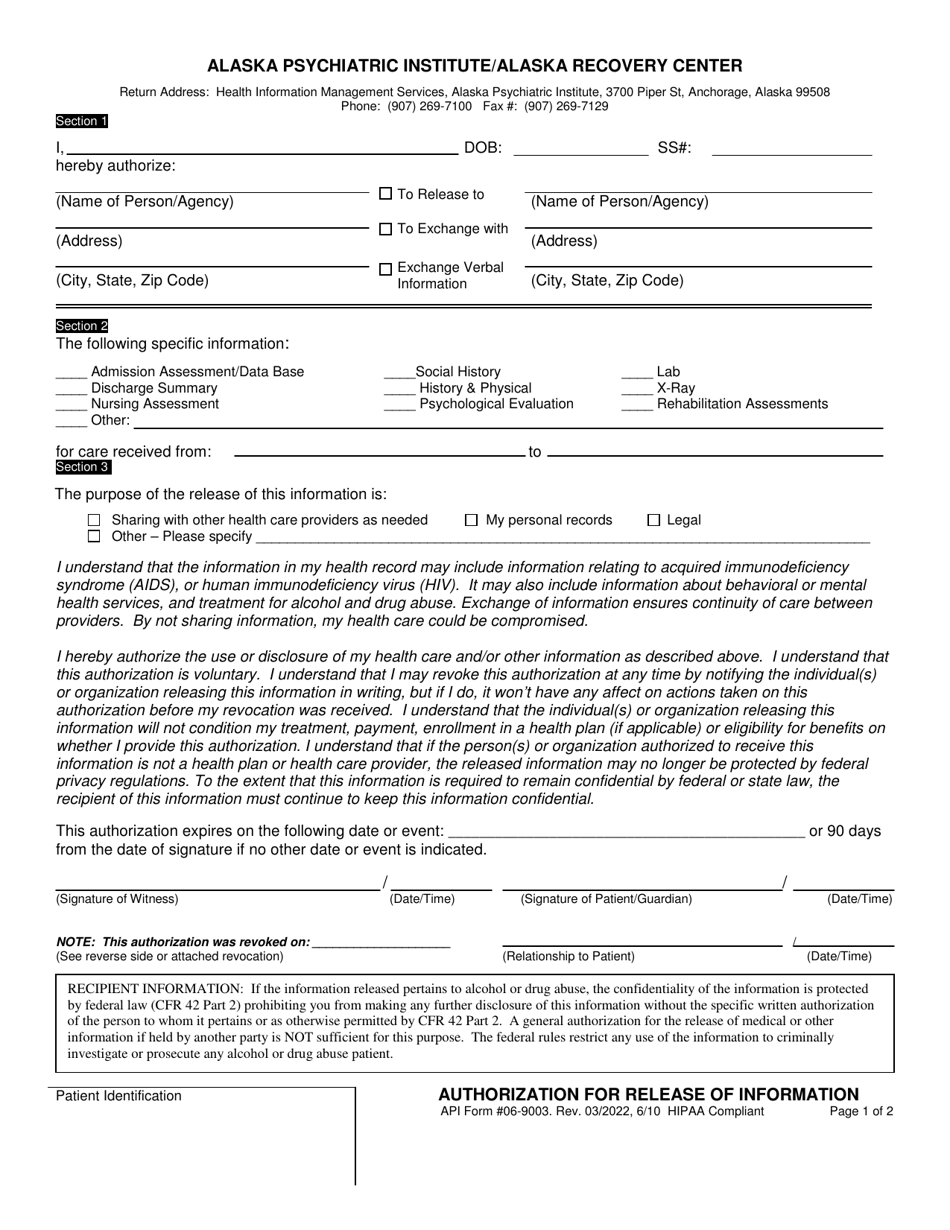 API Form 06-9003 Authorization for Release of Information - Alaska, Page 1